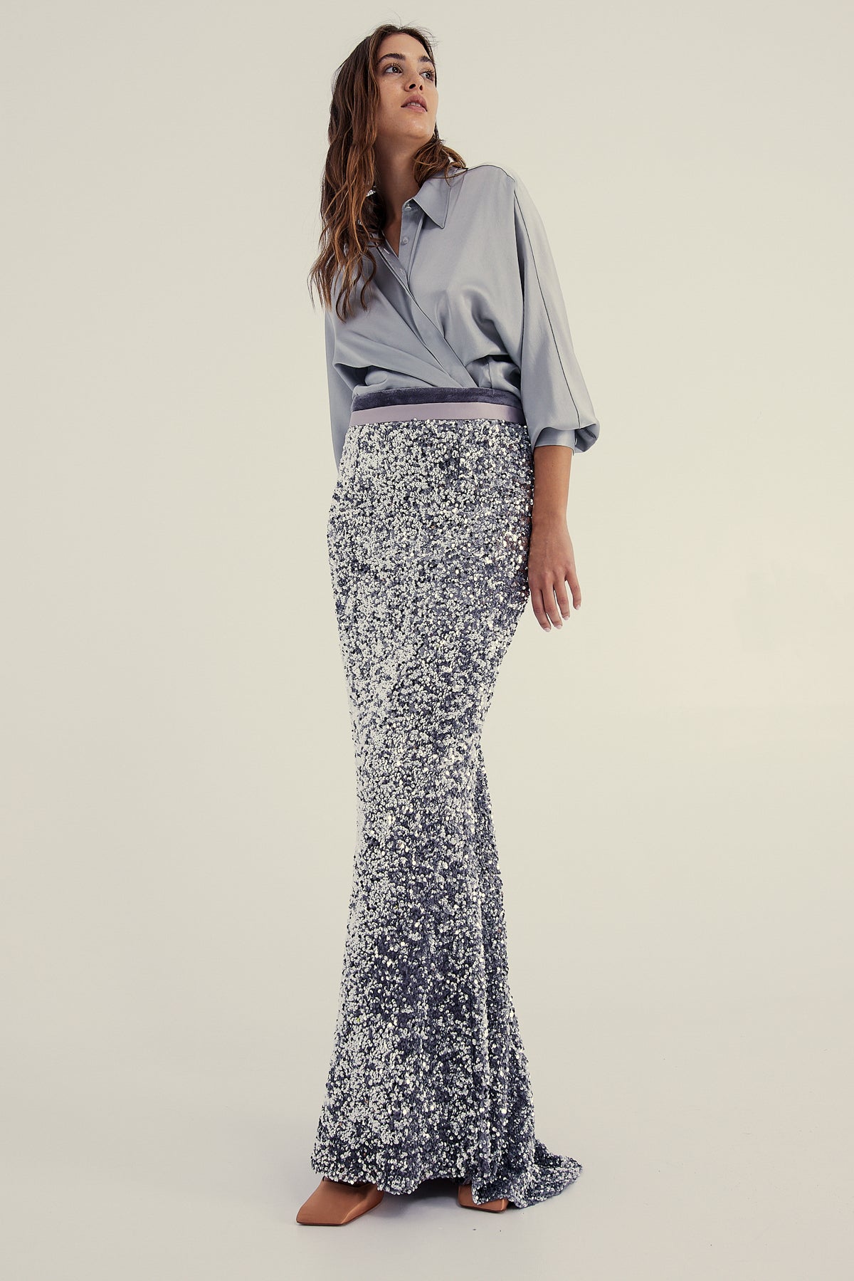 SILVER SEQUINED MAXI SKIRT