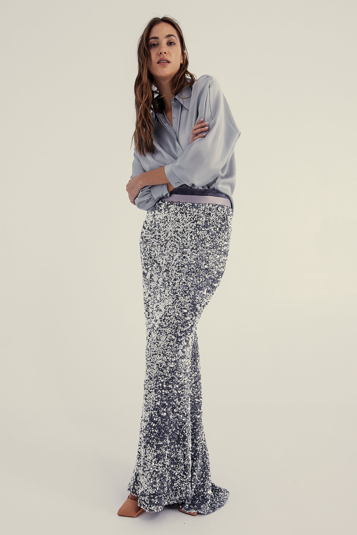 SILVER SEQUINED MAXI SKIRT