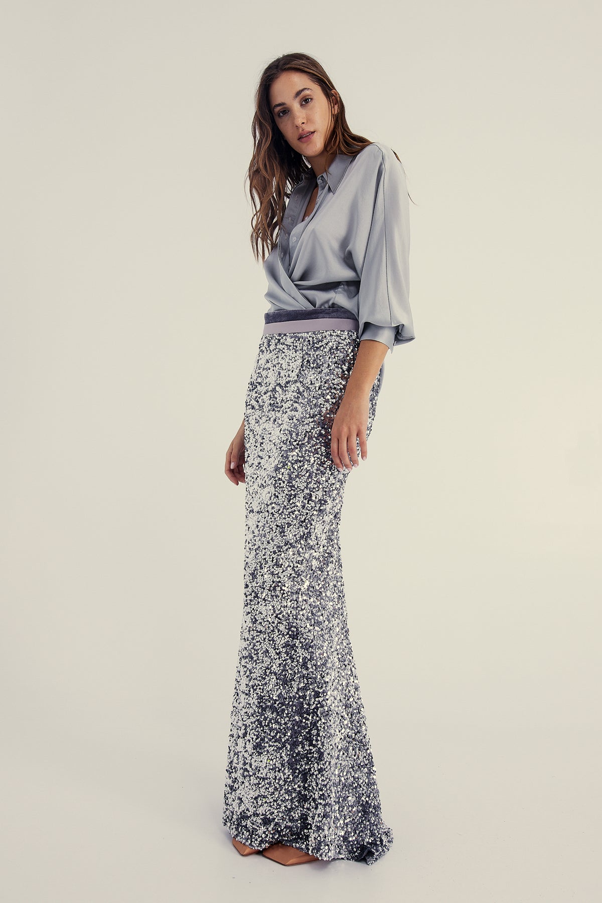 SILVER SEQUINED MAXI SKIRT